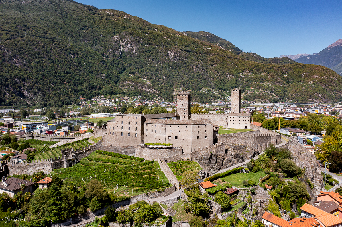 Bellinzona Castello mit Weinbergen Tessin grüne Berglandschaft Schweiz Jan Geerk Fotograf Basel