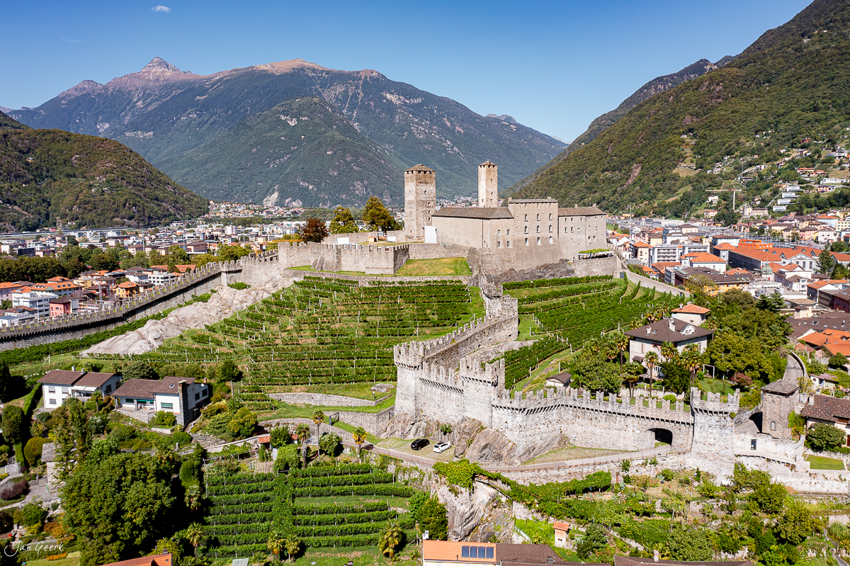 Schloss Bellinzona mit Weinberg Sommerlich Tessin Schweiz Jan Geerk Fotograf Basel