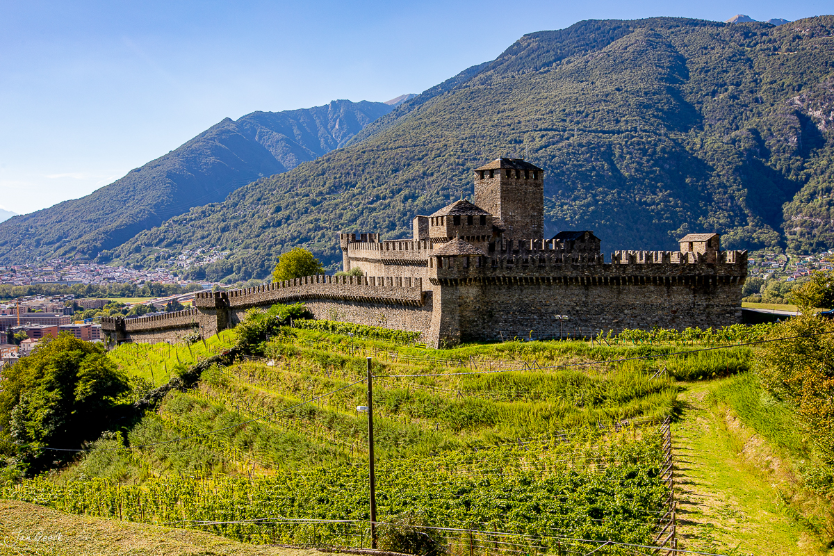 Mittelalterliche Schlossanlage Montebello in Bellinzona mit grünen Weinbergen und bewaldeten Bergen im Sommer, Tessin Schweiz – Jan Geerk Fotograf Basel