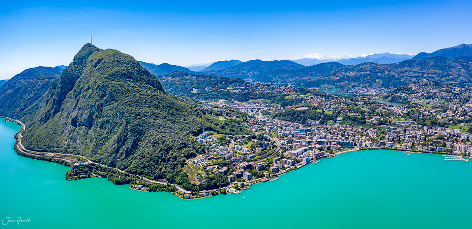 Luftaufnahme Lugano türkisblaues Wasser Sommer Südschweiz Schweiz Jan Geerk Fotograf Basel