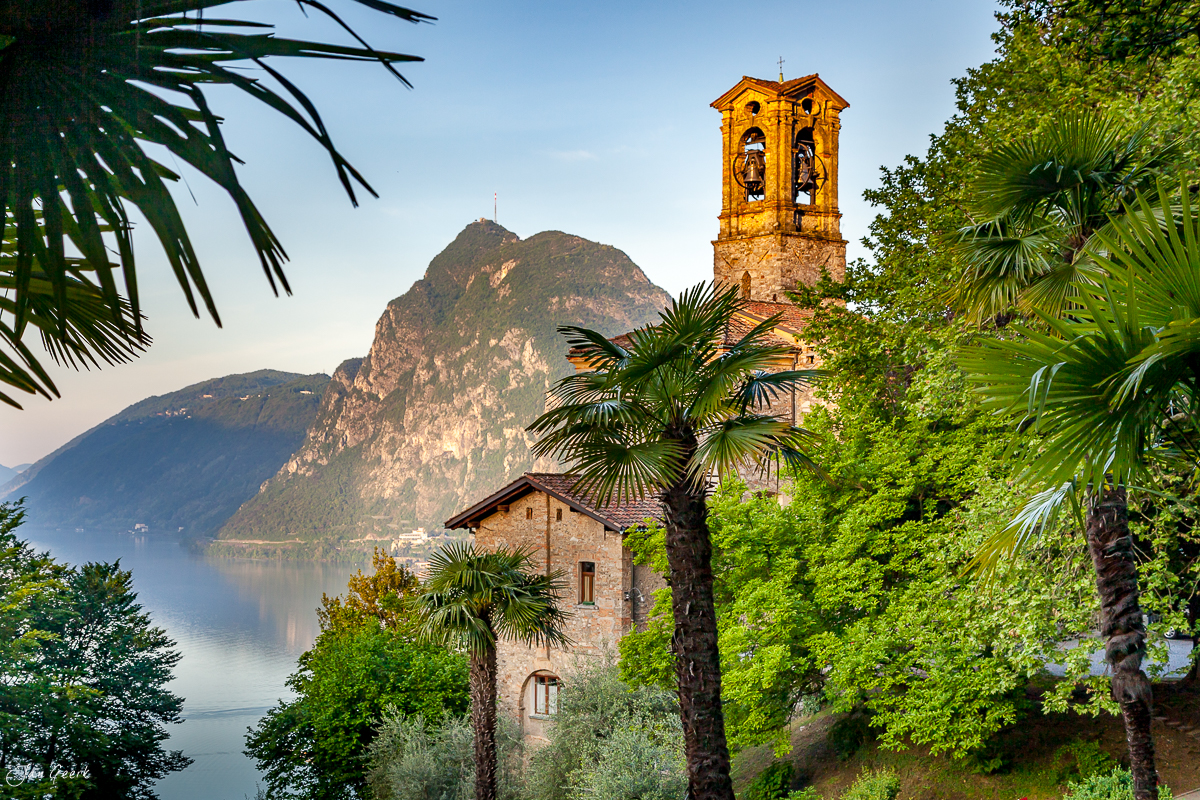 Lugano See Palmen Kapelle Monte San Salvatore Morgen Tessin Schweiz – Jan Geerk Fotograf Basel