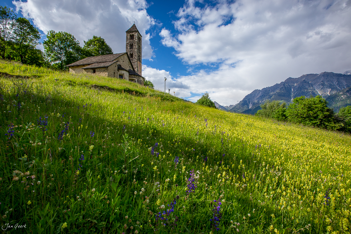 Romanische Kirche im Bleniotal mit Blumenwiese im Frühling, Tessin Schweiz – Jan Geerk Fotograf Basel