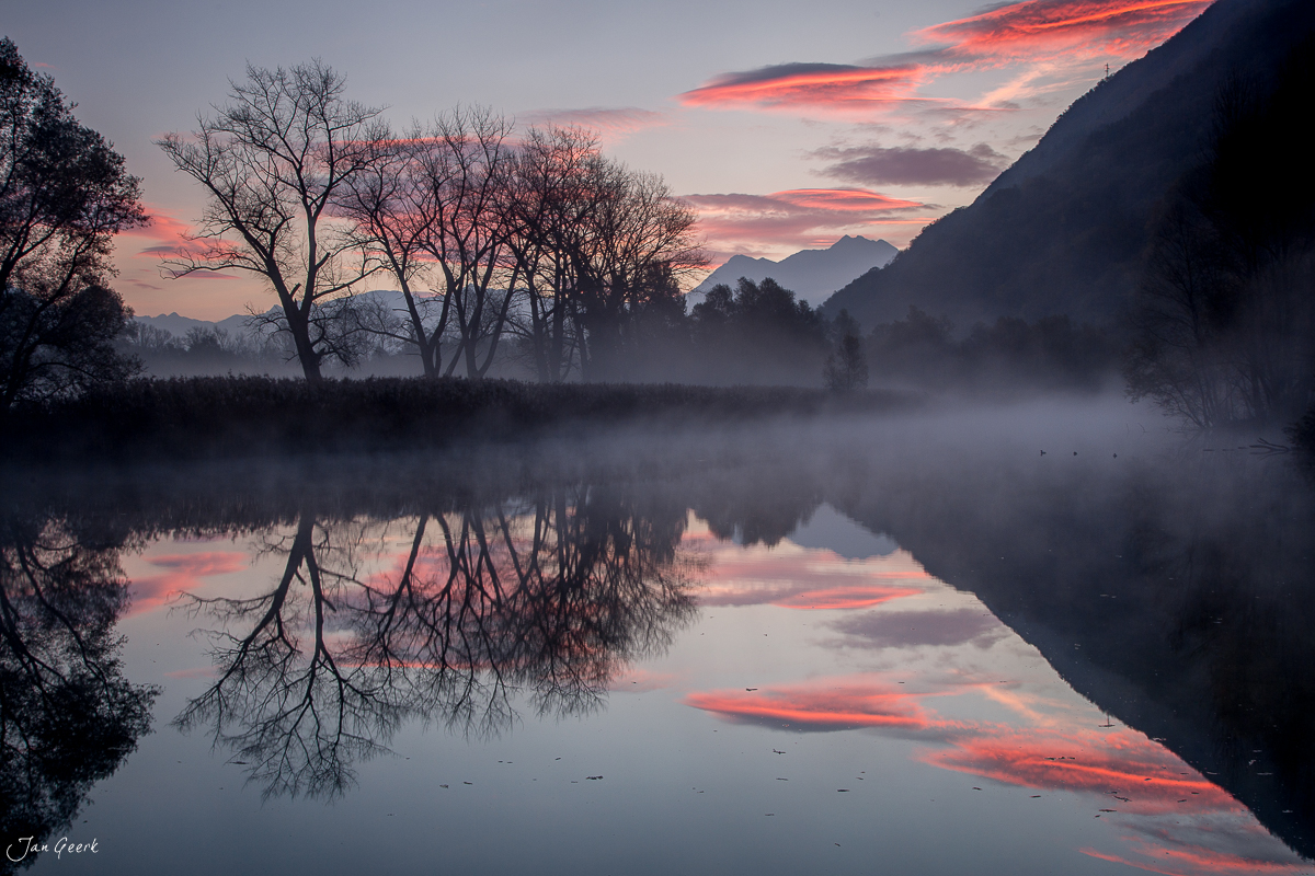 Bäume spiegeln sich im Wasser bei Magadino, herbstliche Morgennebel, Tessin Schweiz – Jan Geerk Fotograf Basel