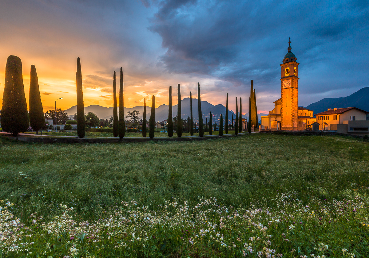 Zypressen Maggiatal Sonnenaufgang Blauerstunde Tessin Schweiz Jan Geerk Fotograf Basel