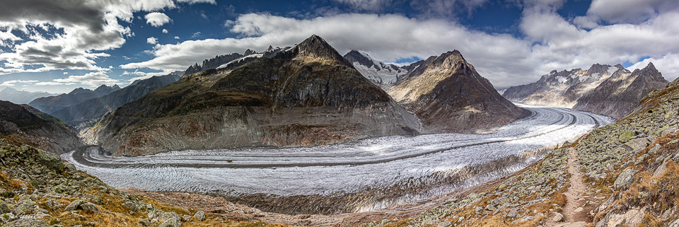 Panorama des Aletschgletschers mit Märjelensee, Herbststimmung, Wallis Schweiz – Jan Geerk Fotograf Basel