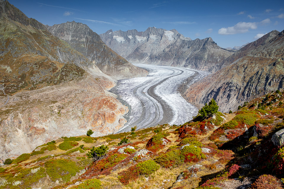 Aletschgletscher mit serpentinenförmigem Eisstrom, herbstliche Berglandschaft, Wallis Schweiz – Jan Geerk Fotograf Basel