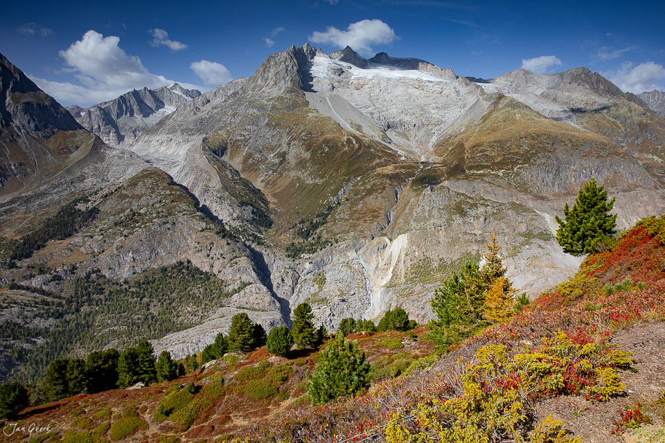 Aletschgletscher mit Herbstfärbung und Gletscherzunge im Wallis Schweiz – Jan Geerk Fotograf Basel