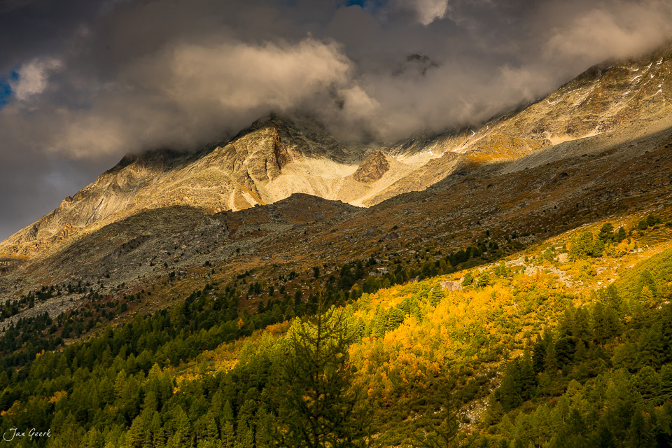 Herbstliche Lärchenlandschaft im Wallis mit schneebedecktem Bergmassiv und dramatischem Himmel Schweiz Jan Geerk Fotograf Basel