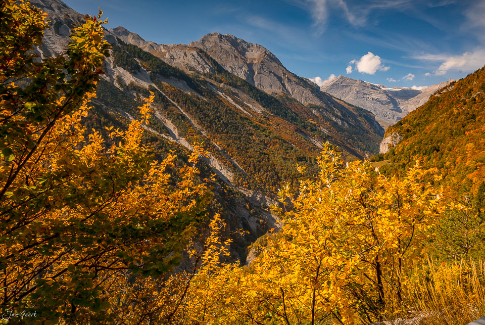 Herbstliche Lärchenwälder und Berggipfel im Tal von Derborence, Wallis, Schweiz – Jan Geerk Fotograf Basel