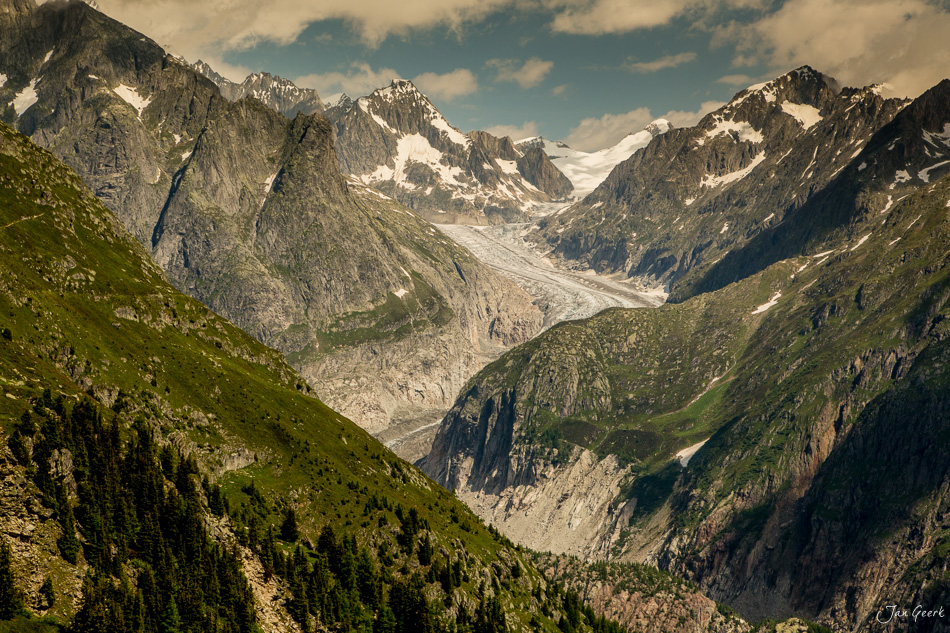 Gletscherlandschaft mit grünen Alpweiden am Fiescheralp im Wallis, Schweiz – Jan Geerk Fotograf Basel