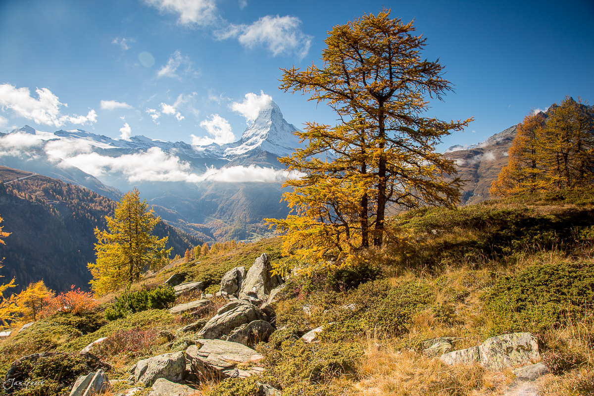Herbstliche Alplandschaft mit golden leuchtenden Lärchen und Matterhorn in Zermatt, Wallis Schweiz – Jan Geerk Fotograf Basel