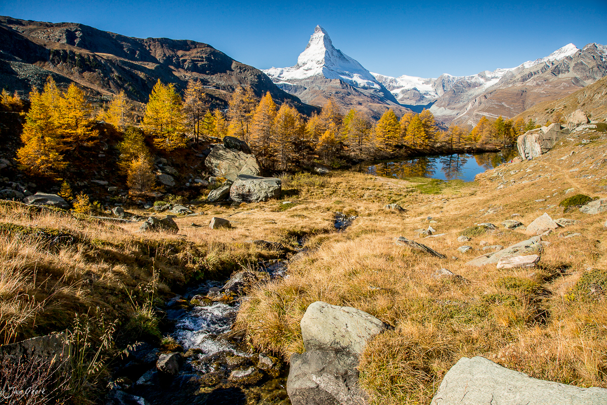 Herbstliche Alpweiden mit Lärchen am Riffelsee und Matterhorn im Hintergrund, Zermatt Wallis Schweiz – Jan Geerk Fotograf Basel