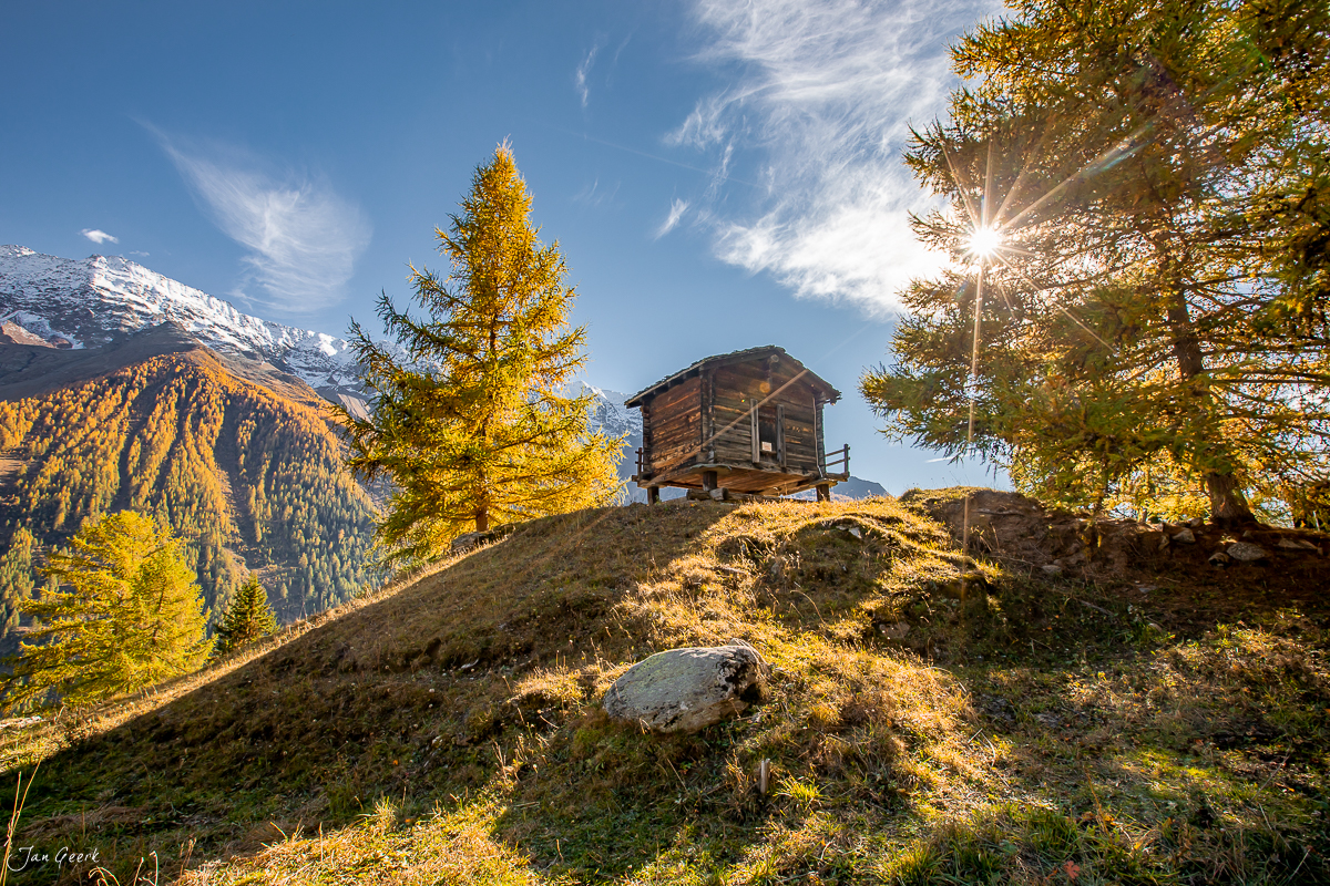 Berghütte auf Alm mit Lärchen im Herbst, schneebedeckte Berge im Hintergrund, Lötschental Wallis Schweiz – Jan Geerk Fotograf Basel
