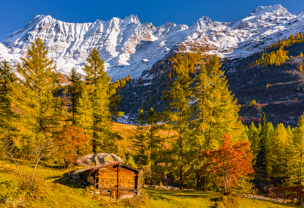 Herbstliche Lärchenwälder und Holzhütte im Lötschental mit schneebedeckten Alpen im Hintergrund, Wallis Schweiz – Jan Geerk Fotograf Basel