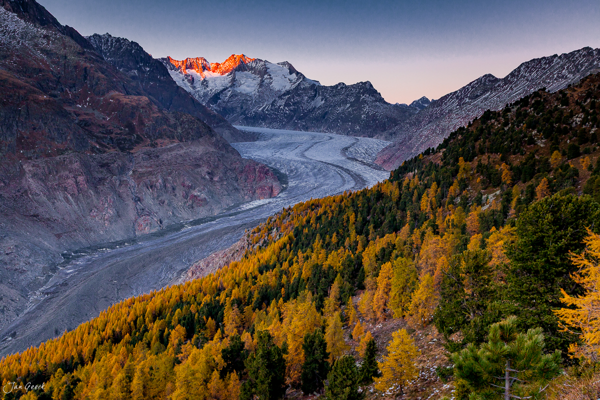 Aletschgletscher Herbstlandschaft Alpenglühen Riederalp Wallis Schweiz Jan Geerk Fotograf