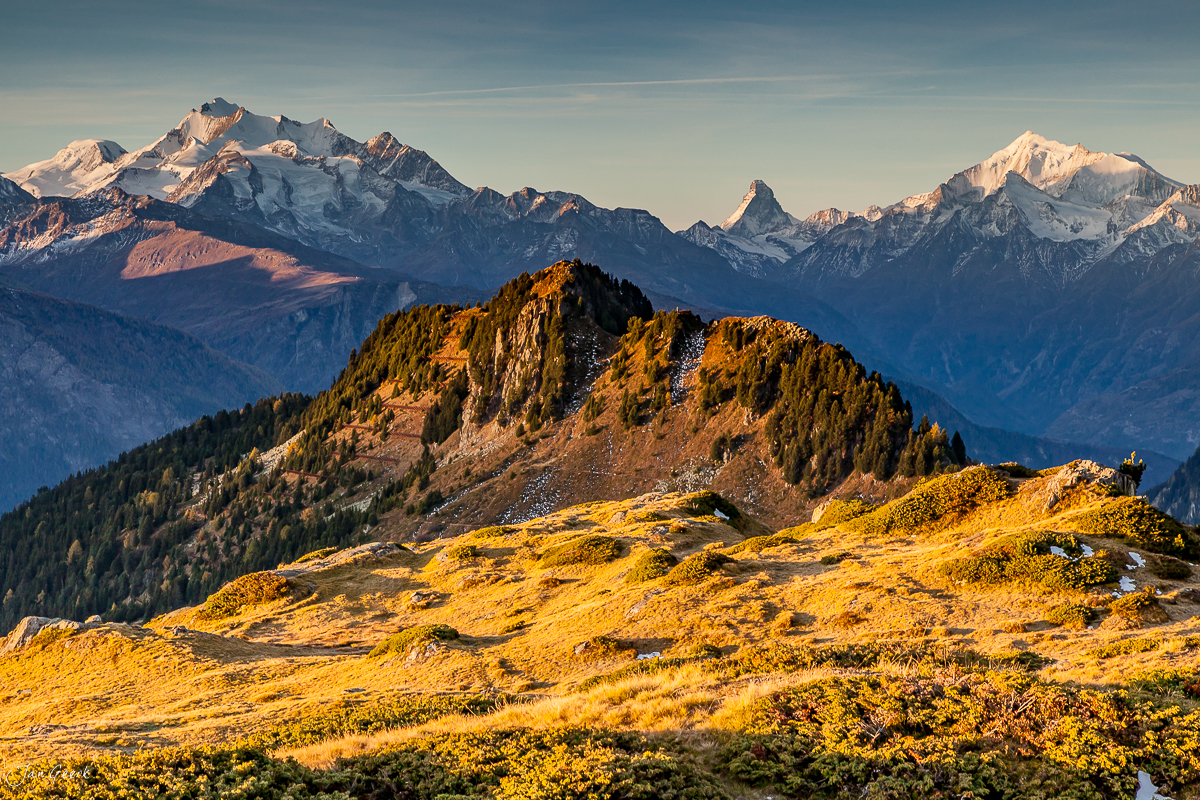 Herbstliche Lärchen Hohflueh Riederalp Sonnenaufgang Aletschgebiet Wallis Schweiz