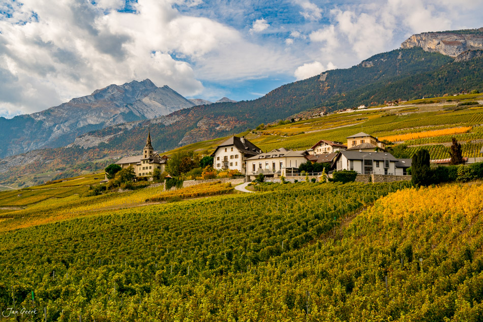 Reblandschaft mit Dorf und Bergpanorama im Herbst im Rhonetal Wallis Schweiz – Jan Geerk Fotograf Basel