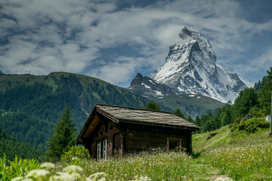Holzhütte mit Blick auf das Matterhorn in Zermatt, Sommerwiese mit Blüten, blauer Himmel, Wallis Schweiz – Jan Geerk Fotograf Basel