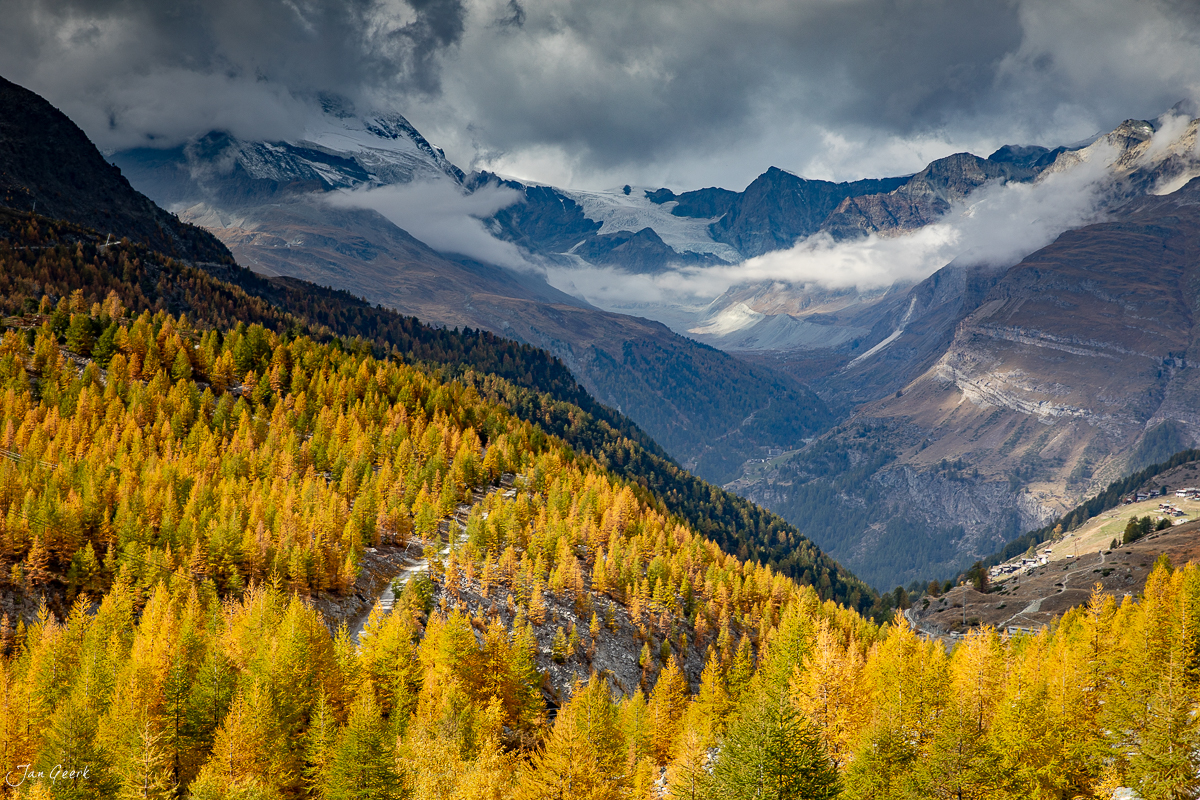 Goldene Lärchen im Herbst bei Zermatt mit schneebedecktem Matterhorn und Gletschern, Wallis Schweiz – Jan Geerk Fotograf Basel