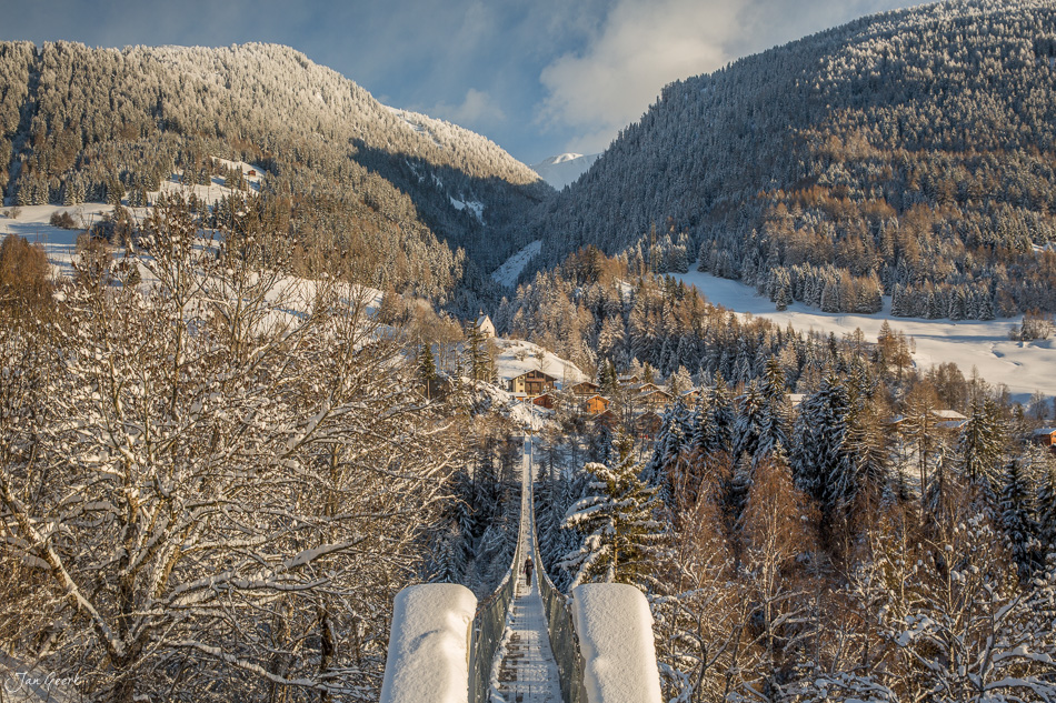 Skipiste mit verschneiten Lärchenwäldern im Goms, Winterlandschaft Wallis Schweiz – Jan Geerk Fotograf Basel