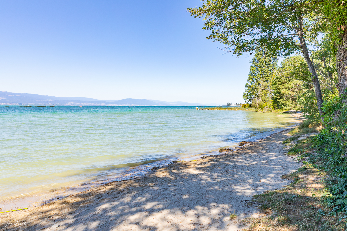 Sandstrand mit türkisblauem Wasser am Estavayer-le-lac, Sommer in der Westschweiz – Jan Geerk Fotograf Basel