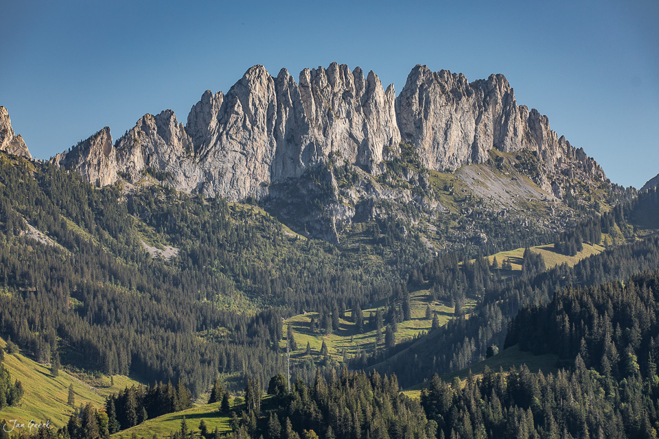 Gastlosen Felsmassiv mit grünen Alpweiden und Nadelwald im Sommer, Fribourg Westschweiz – Jan Geerk Fotograf Basel