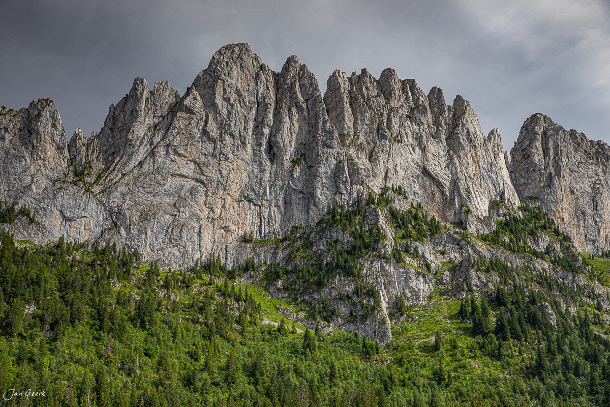 Imposante Kalkfelsen der Gastlosen mit Nadelwald im Sommer, Berner Oberland Schweiz – Jan Geerk Fotograf Basel