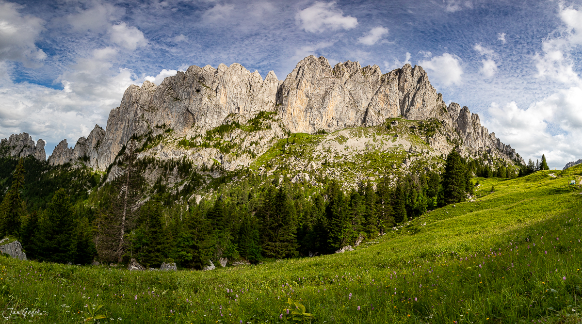 Kalkfelsen Gastlosen mit Bergwald Sommer Berner Oberland Schweiz Jan Geerk Fotograf Basel