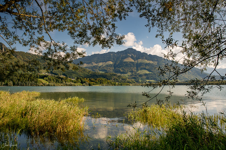 Seeufer mit Schilf und Bergpanorama in Greyerz, Sommerimpression Westschweiz – Fotograf Jan Geerk Basel