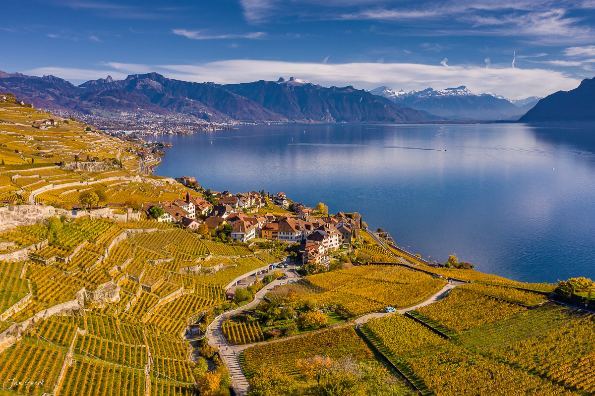 Lavaux Weinbau Herbst Drohnenaufnahme Genfersee Waadt Schweiz Jan Geerk Fotograf Basel