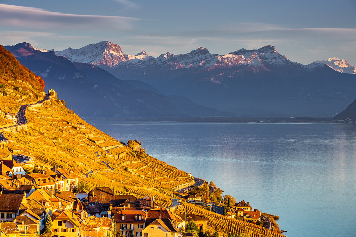 Herbstliche Rebberge und Dorfhäuser in Lavaux mit Blick auf verschneite Alpengipfel über dem See, Westschweiz – Jan Geerk Fotograf Basel