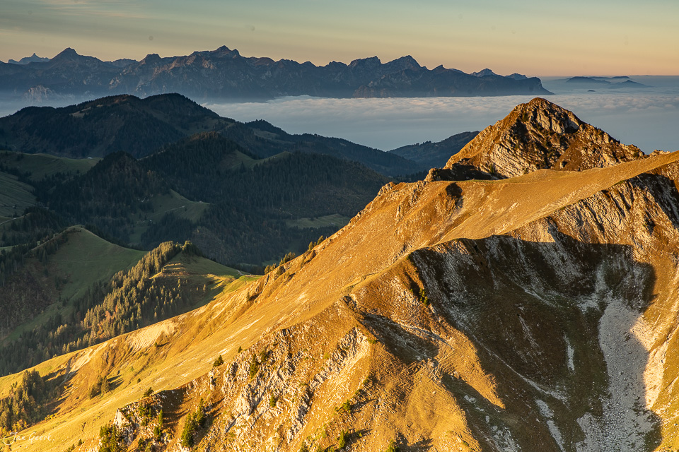 Moleson Bergkamm bei Sonnenaufgang mit Herbstlicht über der Westschweiz – Jan Geerk Fotograf Basel