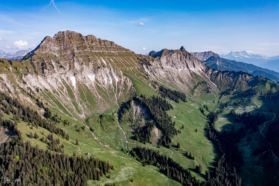 Alpenpanorama mit markanten Felswänden grünen Hängen Sommerlicht Appenzell Alpen Schweiz Jan Geerk Fotograf Basel