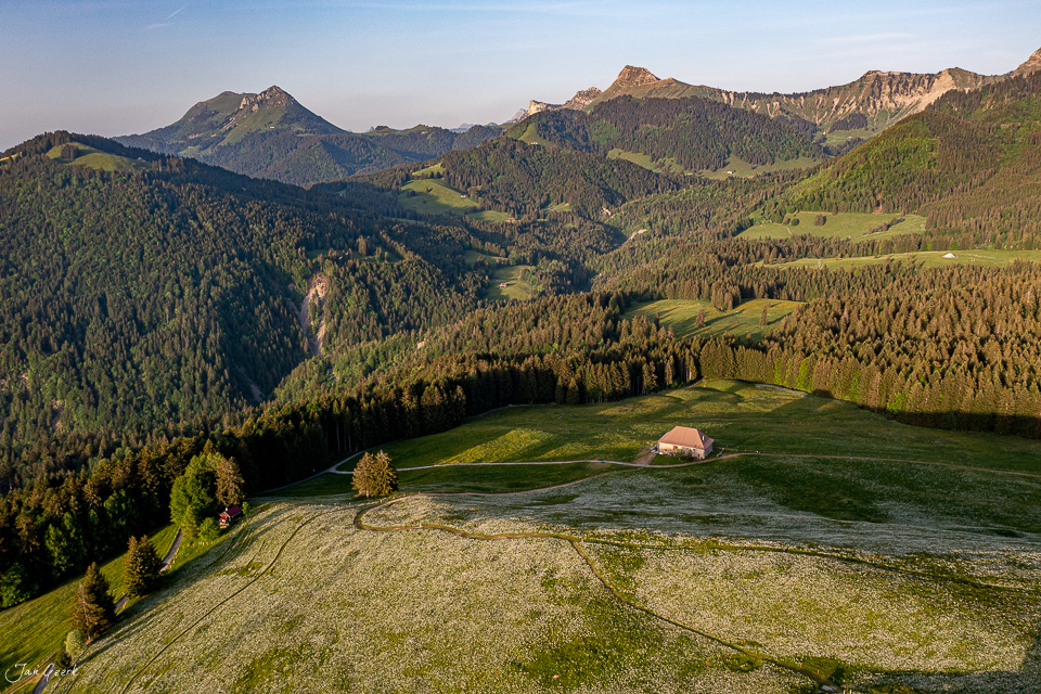 Alpental mit Berghaus und Alpweiden, Sommerliches Alpenlandschaft, Westschweiz Schweiz – Jan Geerk Fotograf Basel