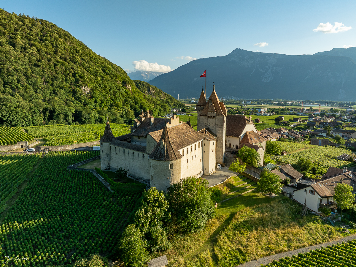 Schloss Aigle in den Rebhängen des Wallis mit Alpenblick, Sommerlicht, Westschweiz – Jan Geerk Fotograf Basel