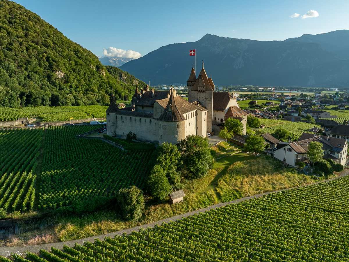 Schloss Aigle in den Weinbergen des Wallis an sonnigem Sommertag, Schweiz – Jan Geerk Fotograf Basel