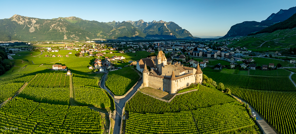 Schloss Aigle mit Weinreben und Alpen im Hintergrund, Sommerlicht, Wallis, Schweiz – Jan Geerk Fotograf Basel