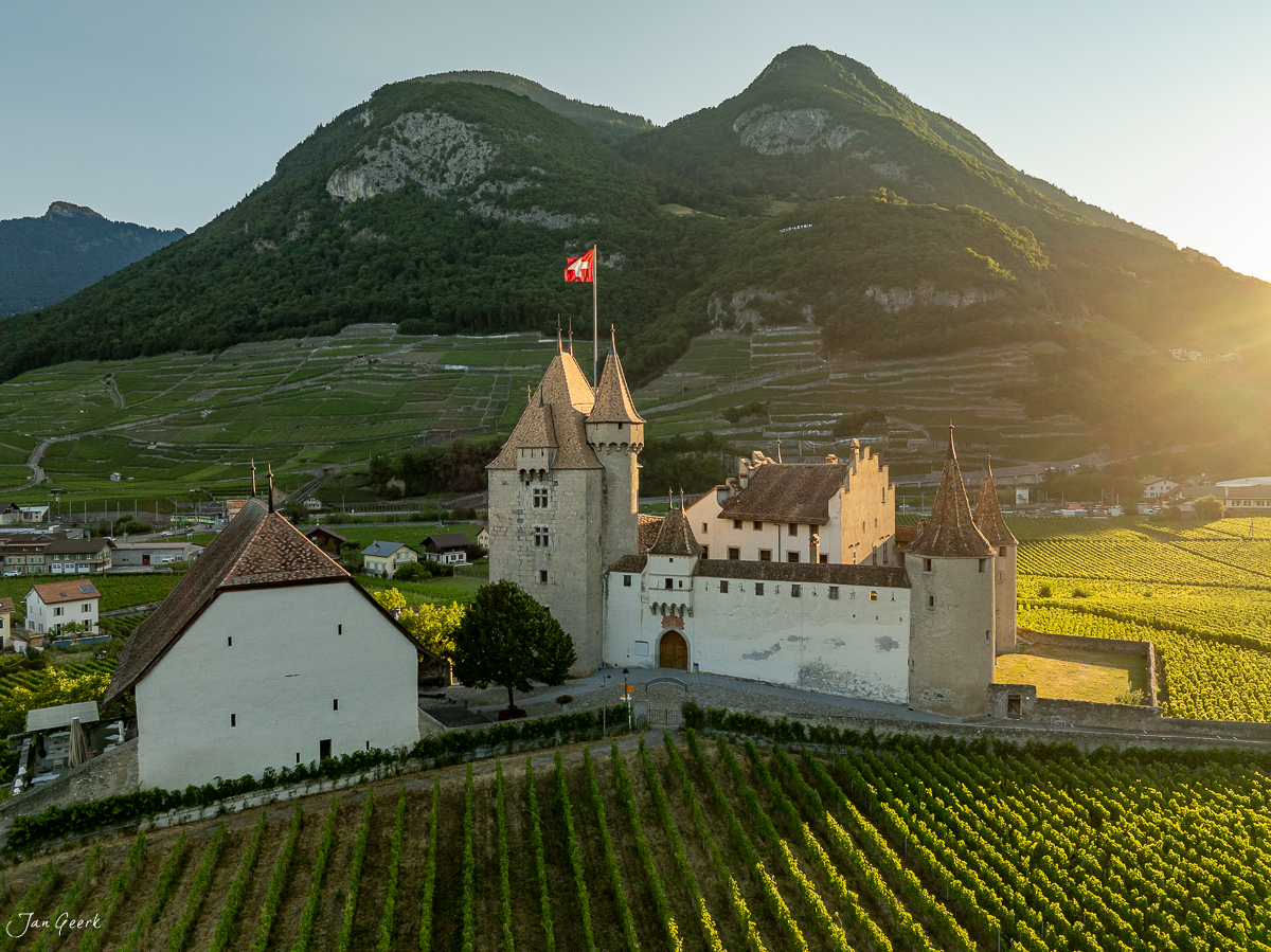 Schloss Aigle mit Weinreben im Sommer, Alpen im Hintergrund, Wallis Schweiz – Jan Geerk Fotograf Basel