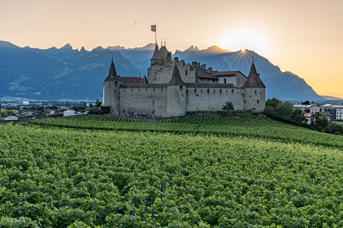 Schloss Aigle in Weinbergen bei Sonnenaufgang, Wallis, Schweiz – Jan Geerk Fotograf Basel