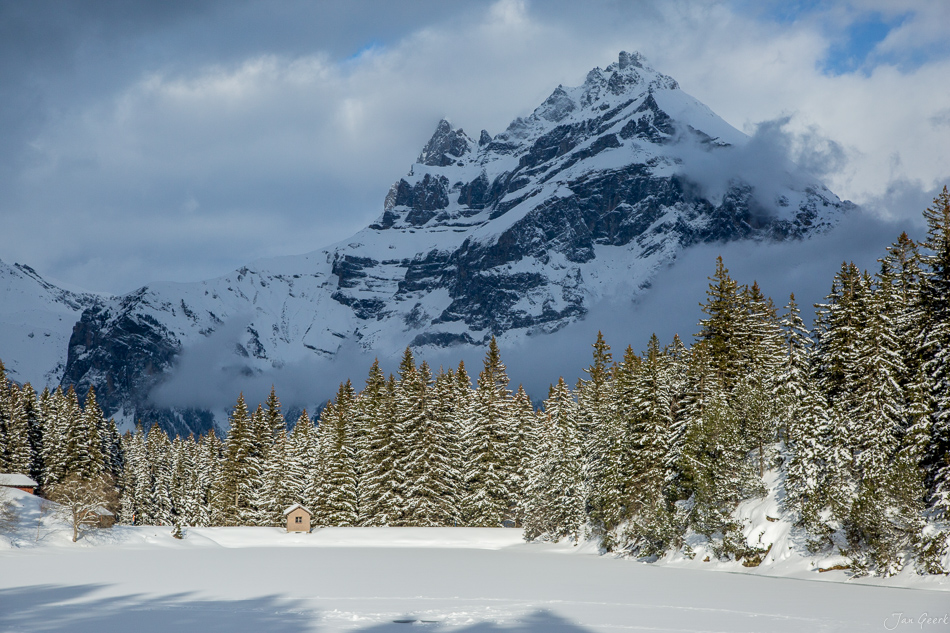 Gefrorener Arnisee mit schneebedeckten Tannen und verschneitem Berg im Winter in der Zentralschweiz – Jan Geerk Fotograf Basel