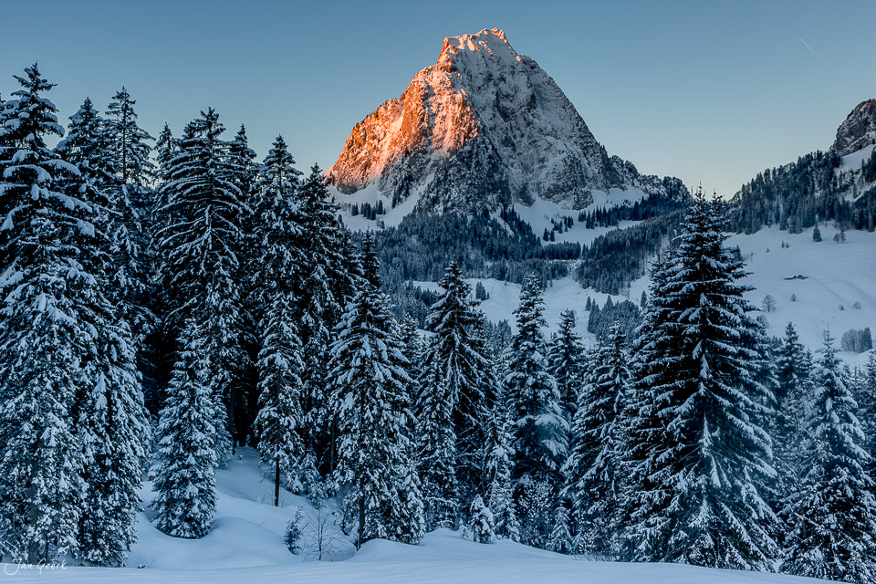 Schneebedeckte Fichten und majestätische Berggipfel bei Brunni im Alpthal während Wintersonnenaufgang in der Zentralschweiz – Jan Geerk Fotograf Basel
