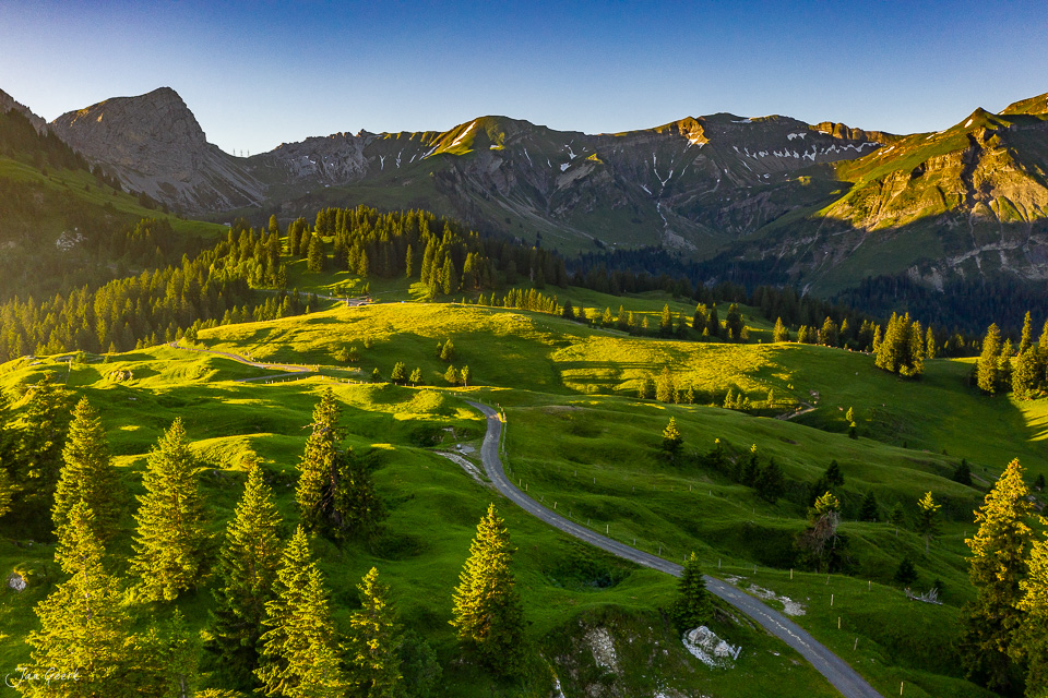 Luftaufnahme der Glaubenbielen mit grünen Alpweiden, Bergwald und Lärchen in Sommerstimmung, Obwalden Schweiz – Jan Geerk Fotograf Basel