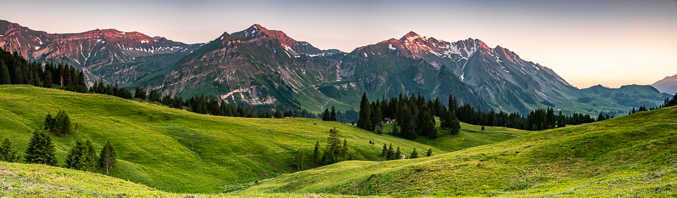 Glaubenbielen Alpweide mit Bergkette Titlis Wellhorn Sommerlicht Obwalden Schweiz Jan Geerk Fotograf Basel