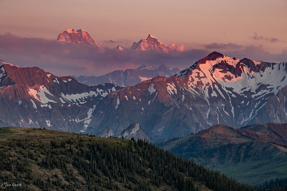 Alpenpanorama Glaubenberg bei Sonnenuntergang mit verschneiten Gipfeln und Fichtenwäldern, Zentralschweiz – Jan Geerk Fotograf Basel