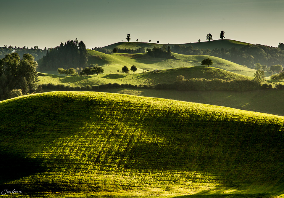 Drumlinlandschaft bei Hirzel mit grünen Hügeln und Sonnenlicht, Zentralschweiz, Schweiz – Jan Geerk Fotograf Basel