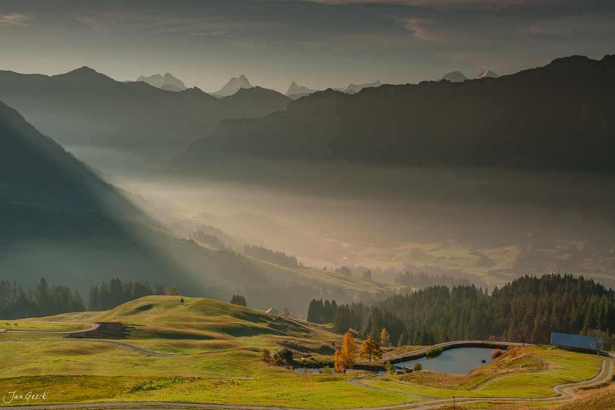 Alpwiese mit Bergsee und Lärchenbäumen bei Marbachegg, herbstliche Kantlicht-Stimmung, Entlebuch, Luzern, Schweiz – Jan Geerk Fotograf Basel
