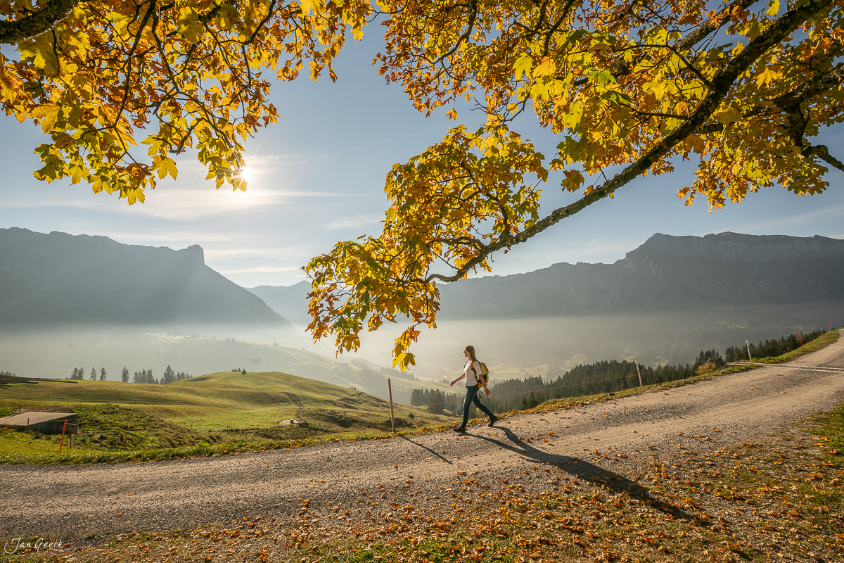 Wanderer auf Bergweg unter gelbem Herbstlaub Marbachegg Entlebuch Biosphäre Schweiz – Jan Geerk Fotograf Basel