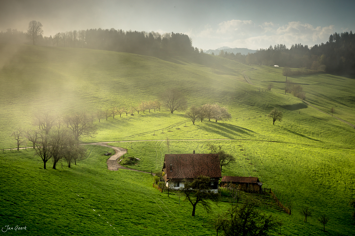 Bauernhaus Menzingen Sihlwald Nebelstimmung Frühling Zentralschweiz Schweiz Jan Geerk Fotograf Basel