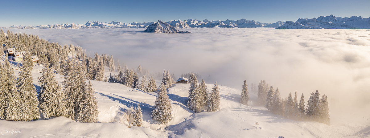 Winterlandschaft auf der Rigi-Scheidegg mit schneebedeckten Fichten, Nebelmeer und Alpenpanorama, Luftaufnahme Schweiz – Jan Geerk Fotograf Basel