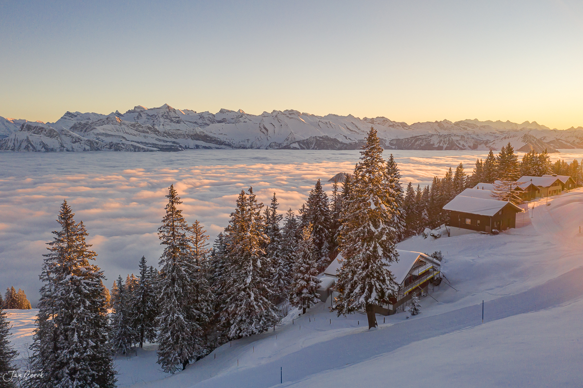 Schneebedeckte Fichten und Berghütten bei Rigi Scheidegg im Winterlicht, Zentralschweiz – Jan Geerk Fotograf Basel